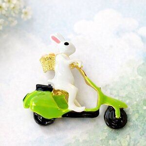 Vintage Enamel Bunny Brooch Rabbit Scooter Whimsical Storybook Easter Pin Jewelr